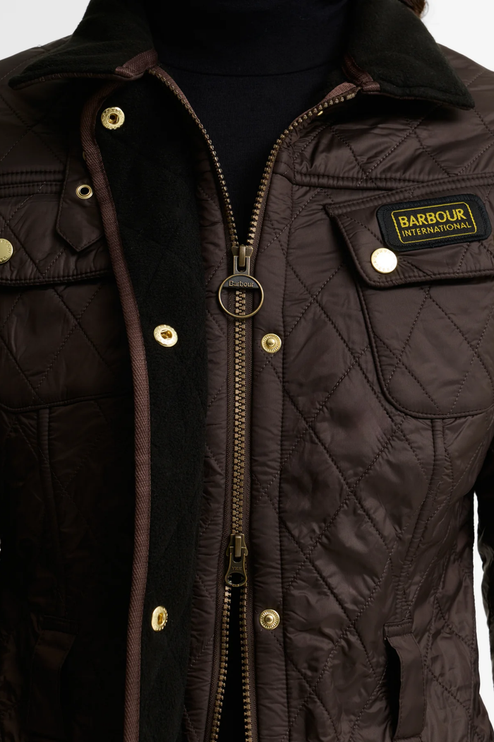 Barbour International Polarquilt Quilted Jacket Truffle LQU0030 close up Shop Barbour International at Dotique