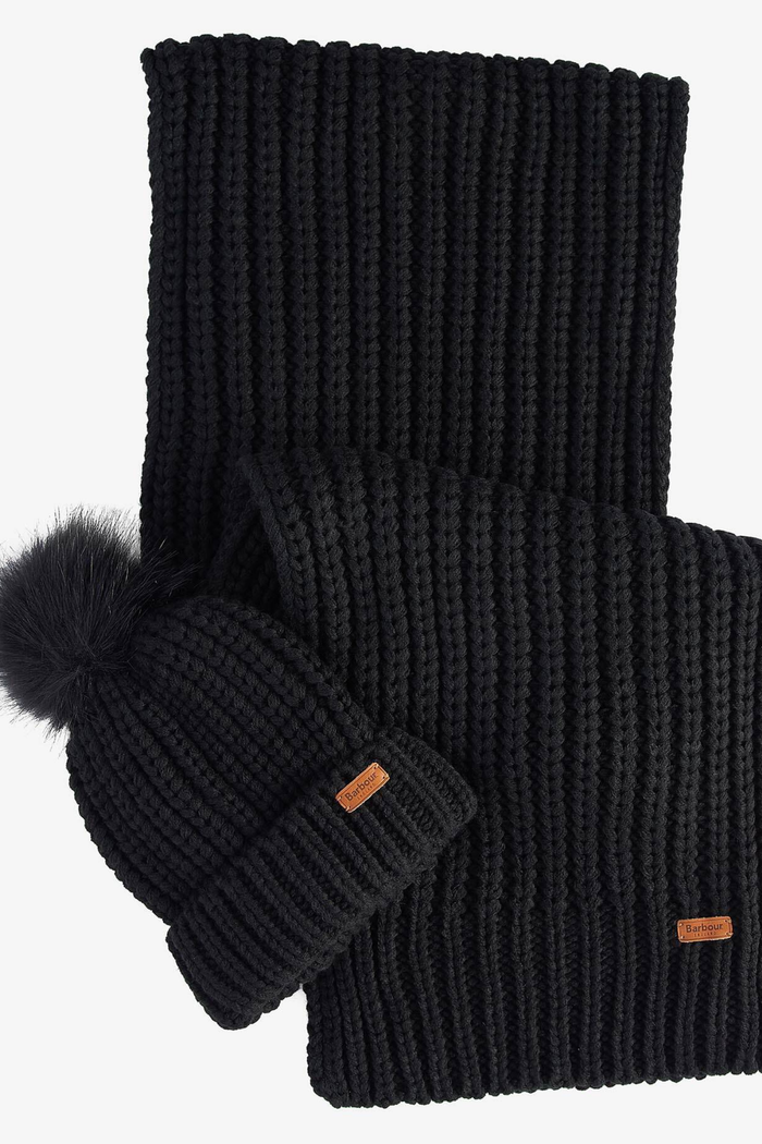 Barbour Saltburn Beanie & Scarf Gift Set Black LGS0023 black knit beanie and scarf Shop Barbour at Dotique