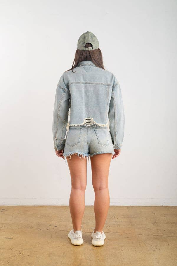 Distressed Crop Denim Jacket (Light Wash)
