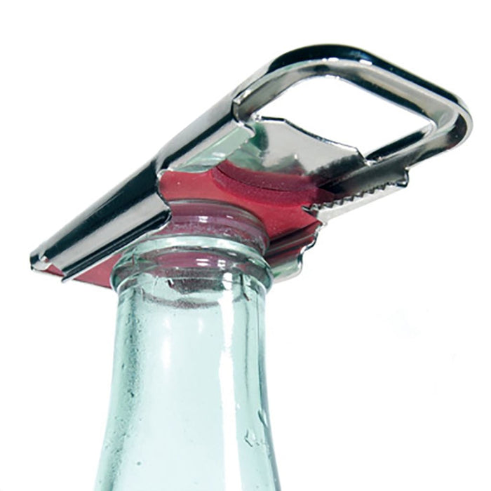 Bottle opener on glass bottle on a white background