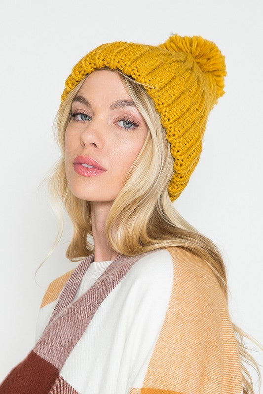 Knitted Pom Pom Beanie (Yellow)
