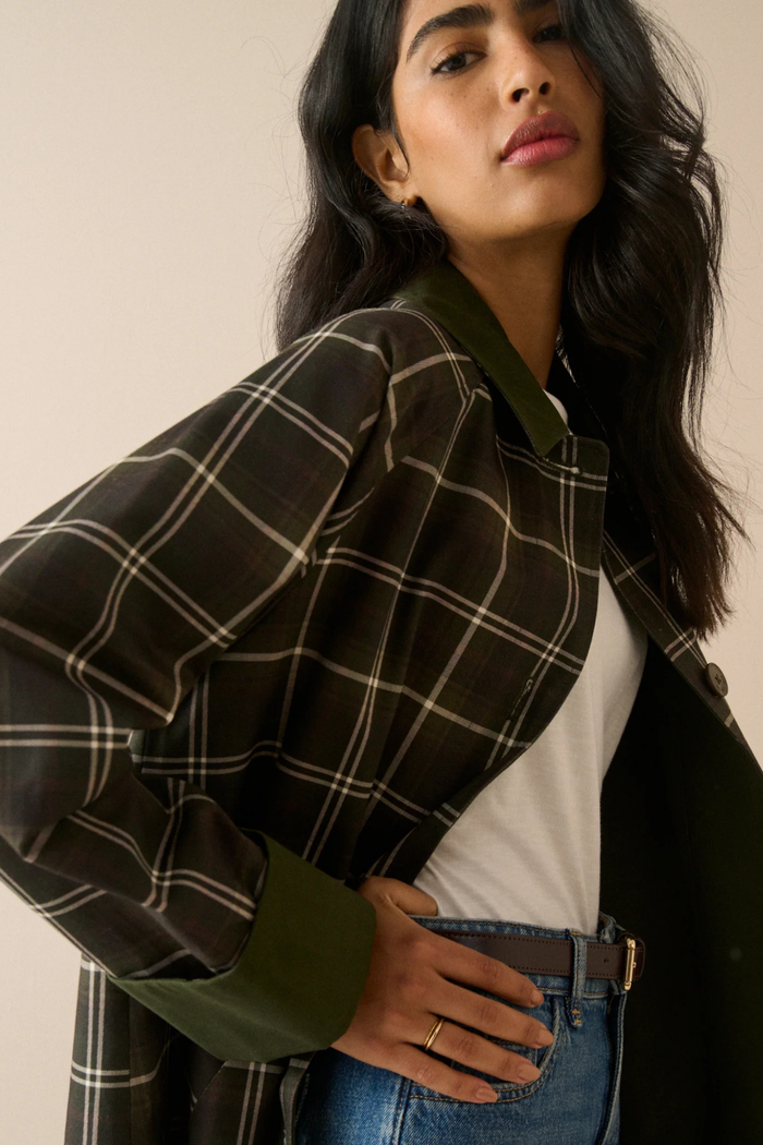 Nobody's Child Diola Brown and Green Tartan Collared Car Coat on model by Nobody’s Child Shop Nobody’s Child at Dotique