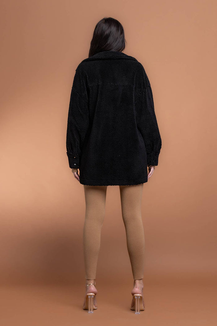 Oversized Solid Sherpa Shacket (Black)