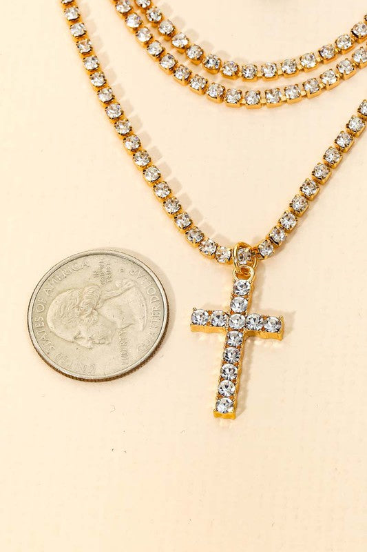 Pave Rhinestone Chain Layered Cross Necklace