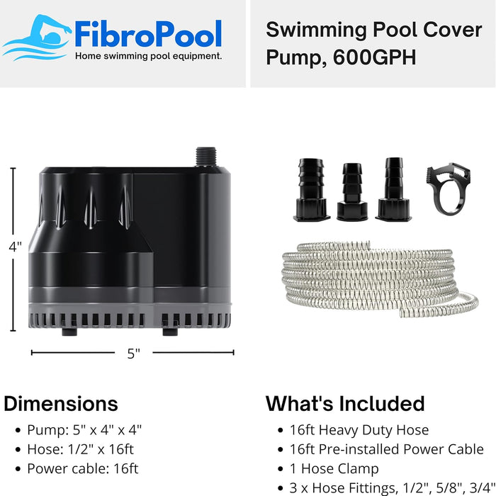 Submersible Pool Cover Pump with 16 ft Hose