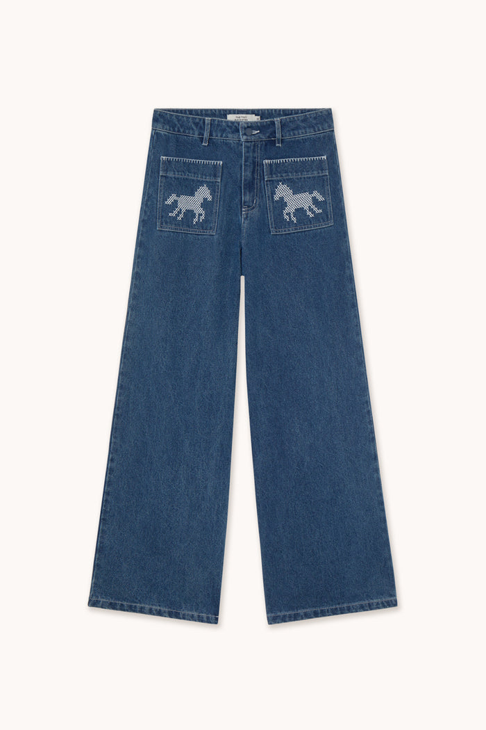 Tiny Big Sister Embroidered Horses Denim Trousers AW26-789 front view Shop Tiny Big Sister at Dotique
