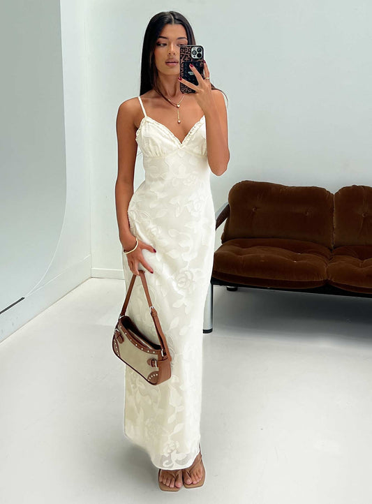 Madalena Frill Maxi Dress Beige Floral