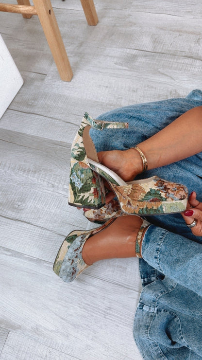 Delilah Tapestry Floral Chunky Platform Mary Jane Heel