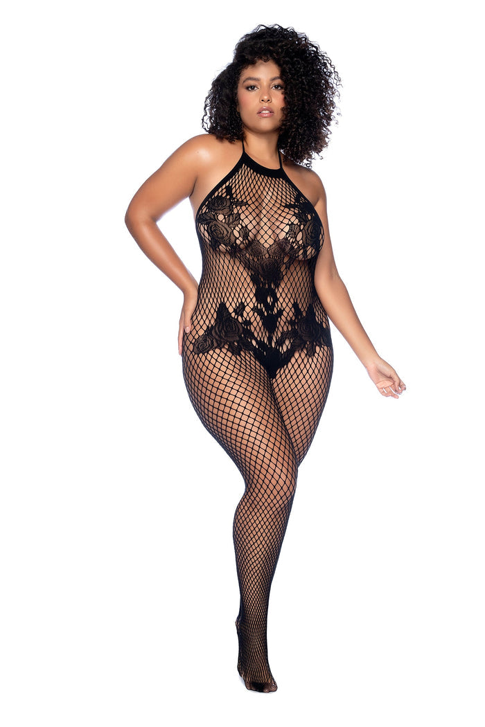 Complete bodystocking that hugs your curves like no other, featuring strategically placed floral details at the front and a sultry low-back design. Crotchless.