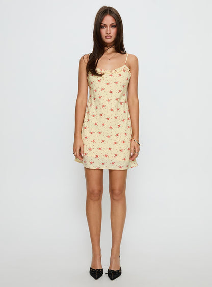 Blossomer Frill Trim Mini Dress Yellow Floral