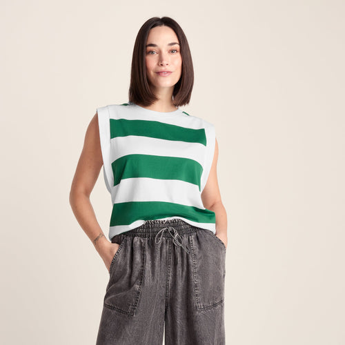 Aurelia Womens 100% Cotton Supersoft Boxy Fit Vest - Green Stripe