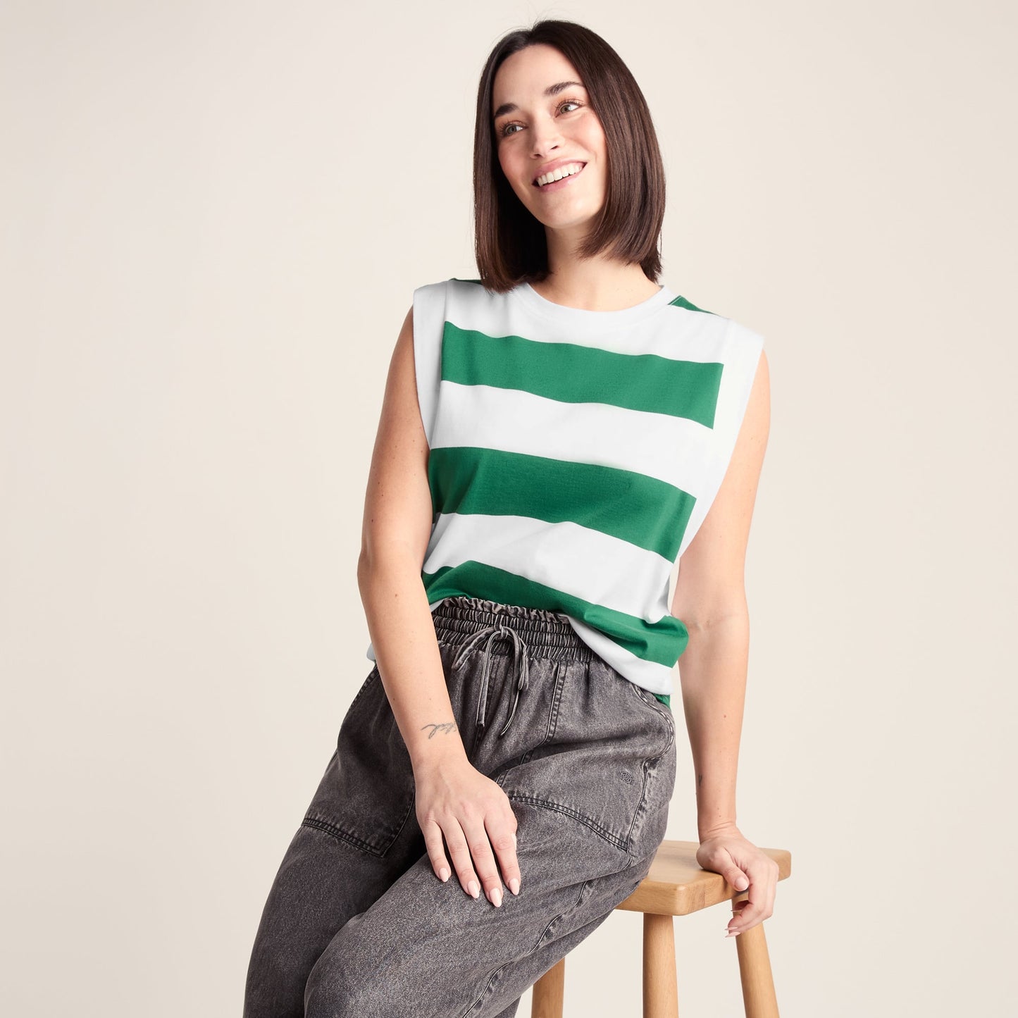 Aurelia Womens 100% Cotton Supersoft Boxy Fit Vest - Green Stripe