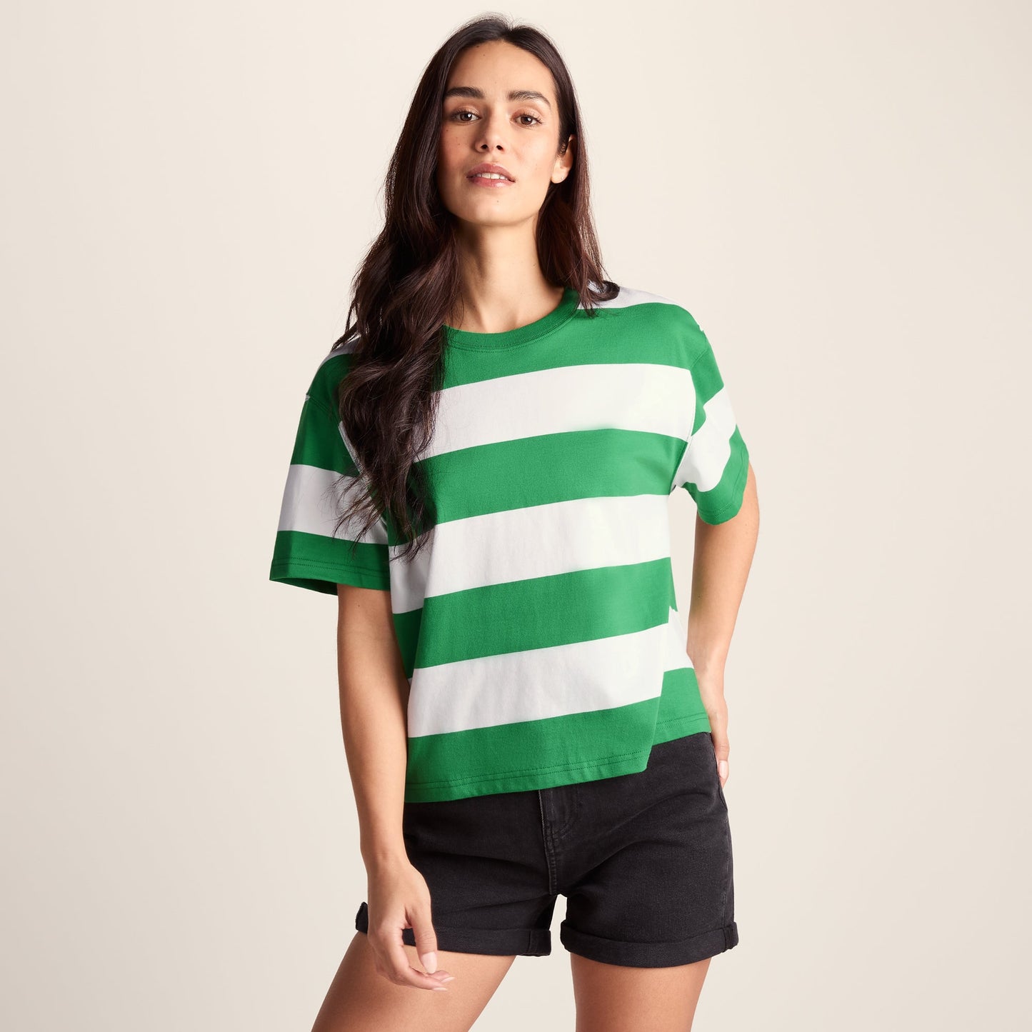 Lani Womens 100% Cotton Supersoft Boxy Fit T-Shirt - Sage Stripe