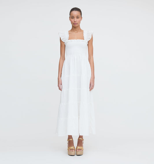 The Ellie Maxi Nap Dress - White Tonal Seersucker