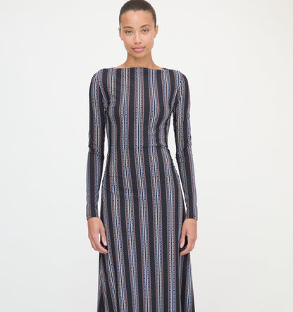 The Selene Dress - Black Cobalt Medallion Stripe