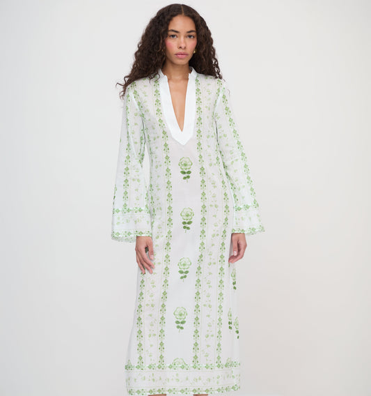 The Sorina Maxi Tunic - White/Green Arcadia Border