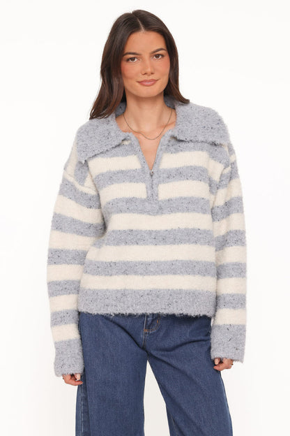 Petal and Pup USA KNITWEAR Angelica 1/4 Zip Sweater - Denim Blue Stripe