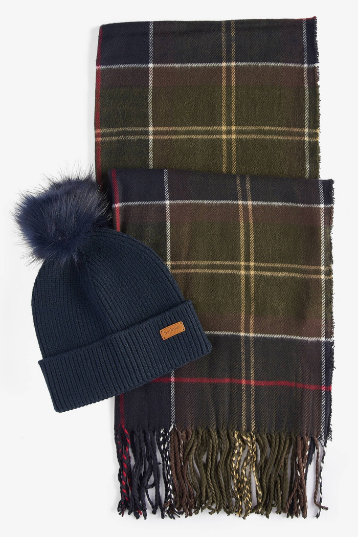 Barbour Dover Beanie & Hailes Scarf Gift Set Classic Tartan LGS0054 navy beanie tartan scarf Shop Barbour at Dotique