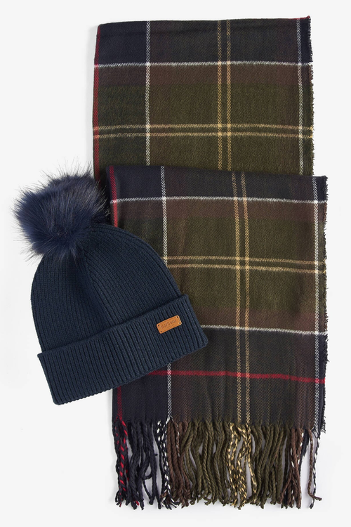Barbour Dover Beanie & Hailes Scarf Gift Set Classic Tartan LGS0054 navy beanie tartan scarf Shop Barbour at Dotique