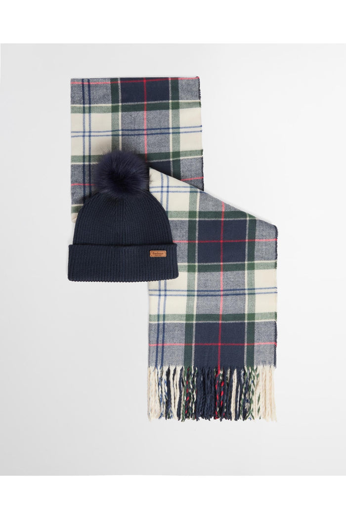 Barbour Dover Beanie & Hailes Scarf Gift Set Light Evergreen LGS0054 tartan beanie and scarf Shop Barbour at Dotique