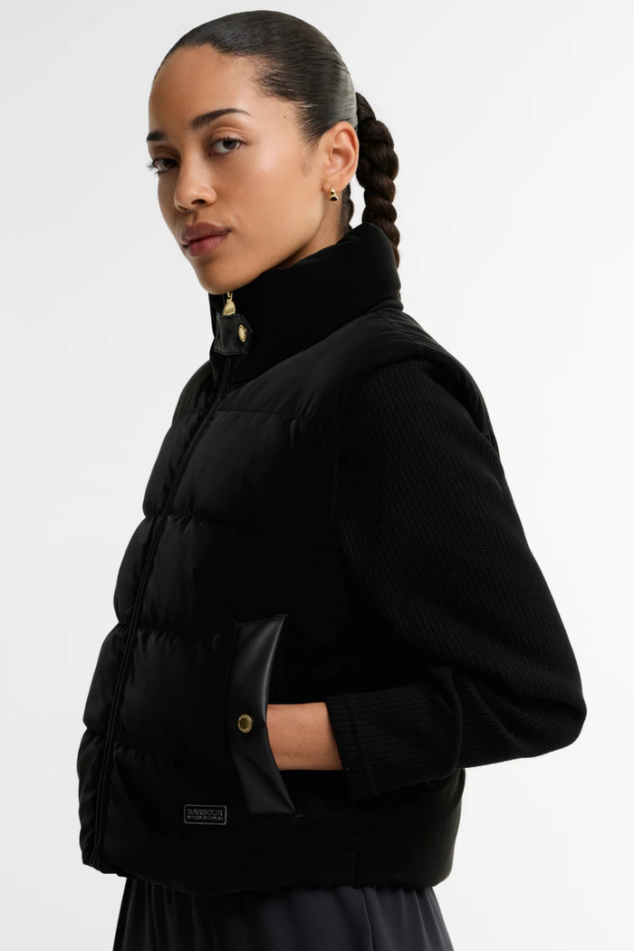Barbour International Balaton Faux Velvet Quilted Sweat Black LQS0072 on model. Shop Barbour International at Dotique