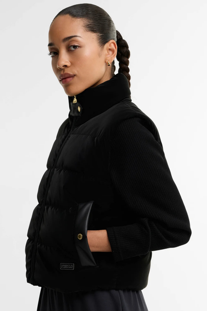 Barbour International Balaton Faux Velvet Quilted Sweat Black LQS0072 on model. Shop Barbour International at Dotique