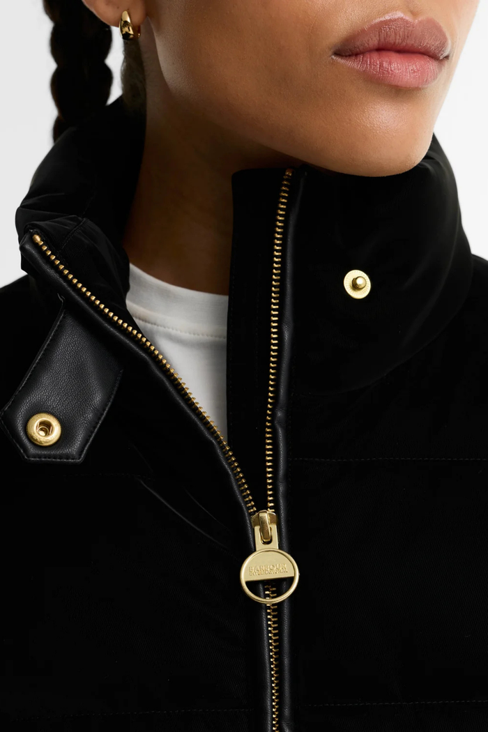 Barbour International Balaton Faux Velvet Quilted Sweat Black LQS0072 close up Shop Barbour International at Dotique