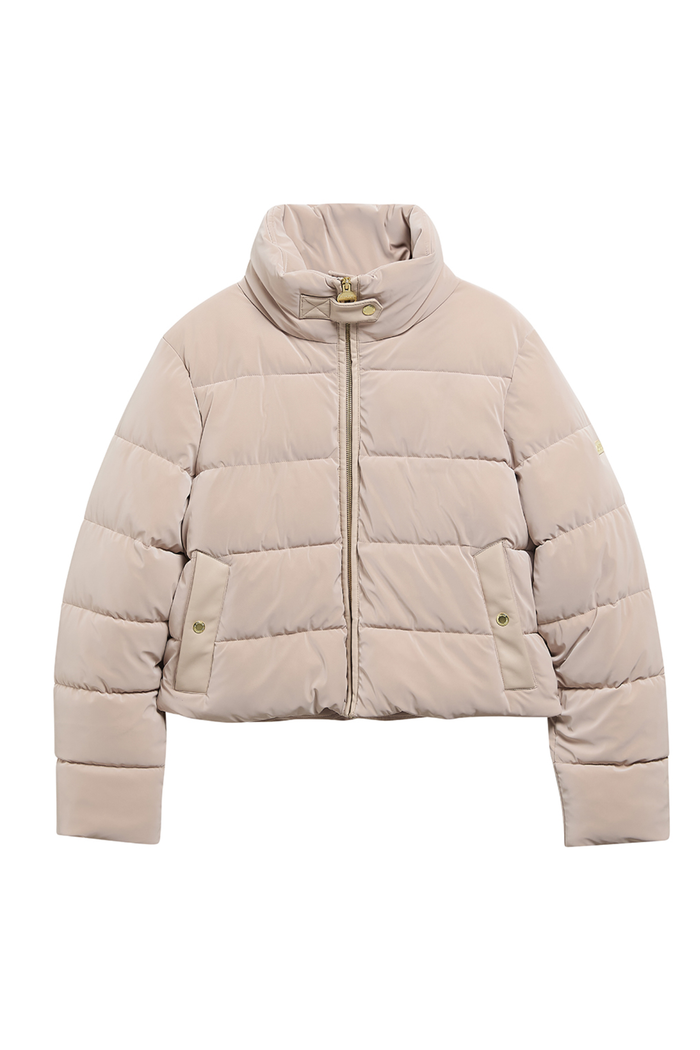 Barbour International Halina Faux Velvet Puffer Jacket Nutmeg LQU1918 front view Shop Barbour International at Dotique