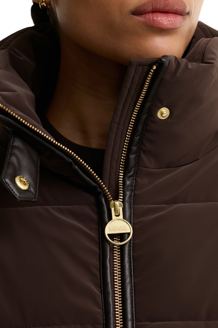 Barbour International Halina Faux Velvet Puffer Jacket Truffle LQU1918 close up Shop Barbour International at Dotique