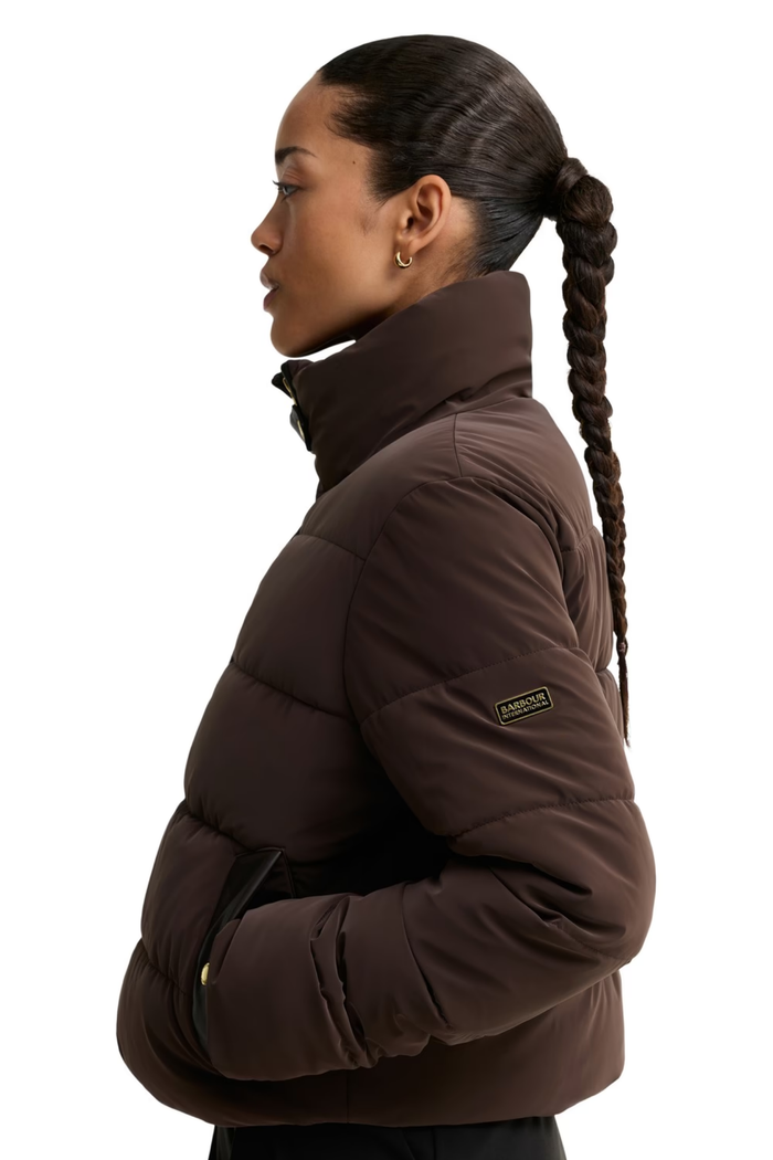Barbour International Halina Faux Velvet Puffer Jacket Truffle LQU1918 side view Shop Barbour International at Dotique