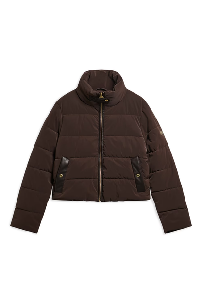 Barbour International Halina Faux Velvet Puffer Jacket Truffle LQU1918 front view Shop Barbour International at Dotique