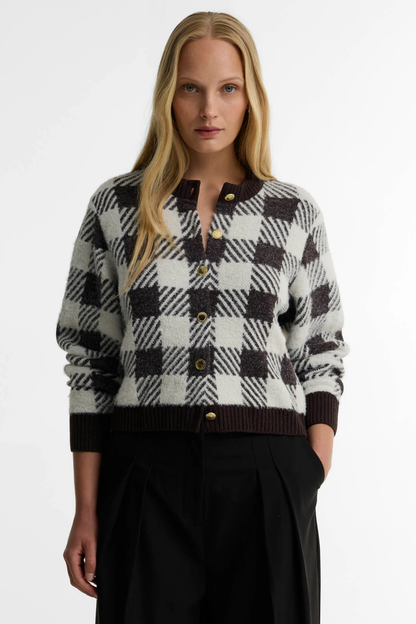 Barbour International Halina Knitted Cardigan Truffle Multi LKN1855 on model Shop Barbour International at Dotique