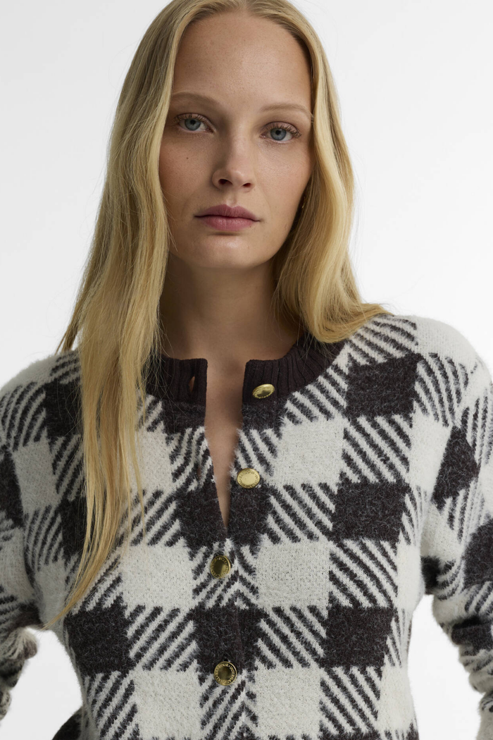 Barbour International Halina Knitted Cardigan Truffle Multi LKN1855 on model Shop Barbour International at Dotique