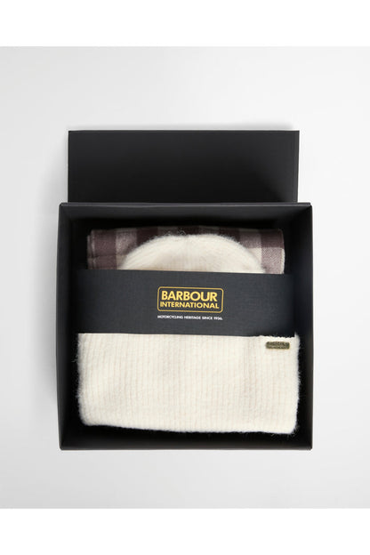 Barbour International Kemora Beanie & Scarf Gift Set Moonbeam/Truffle LGS0104 boxed Shop Barbour International at Dotique