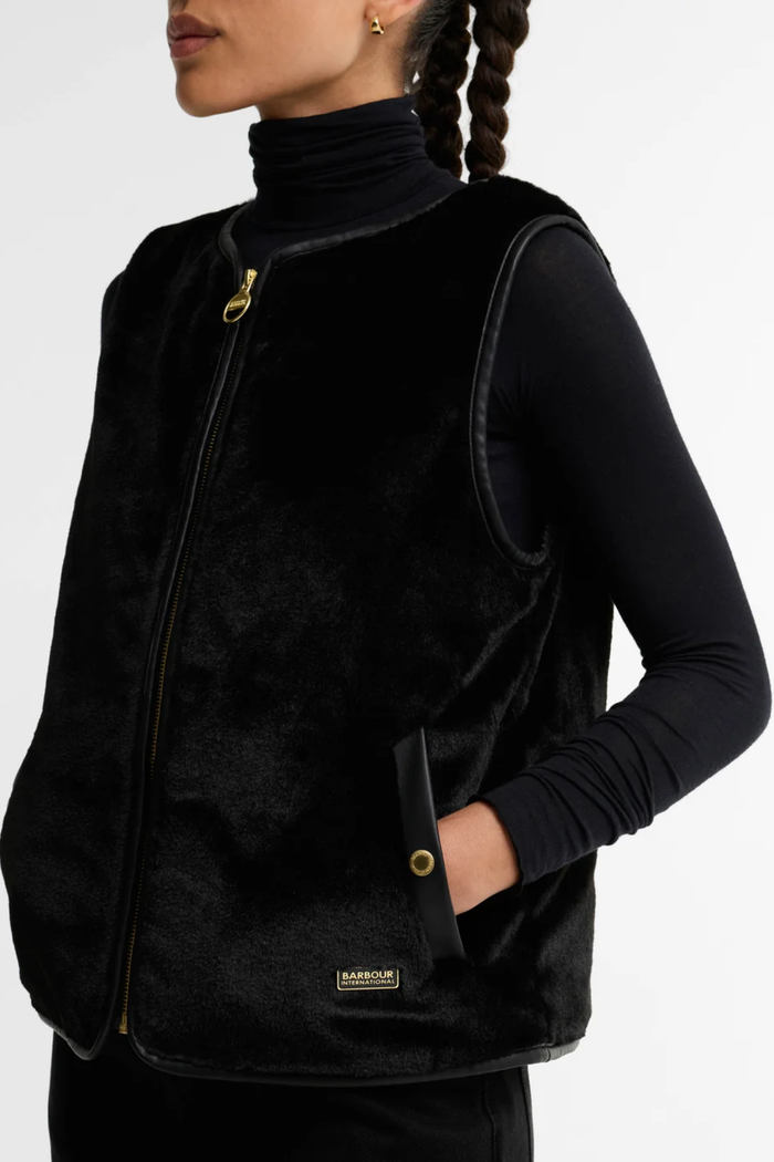Barbour International Oulton Faux Fur Liner Black LLI0028 on model Shop Barbour International at Dotique