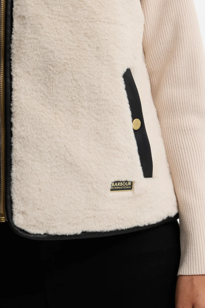 Barbour International Oulton Faux Fur Liner Lt Stone/Black LLI0028 close up Shop Barbour International at Dotique