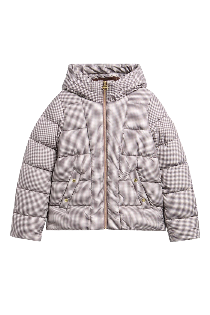 Barbour International Printed Brantley Puffer Jacket Truffle Northumberland Check LQU1913 Shop Barbour International Dotique