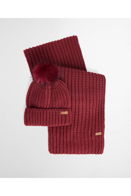 Barbour Saltburn Beanie & Scarf Gift Set Cranberry LGS0023 cranberry knit set Shop Barbour at Dotique