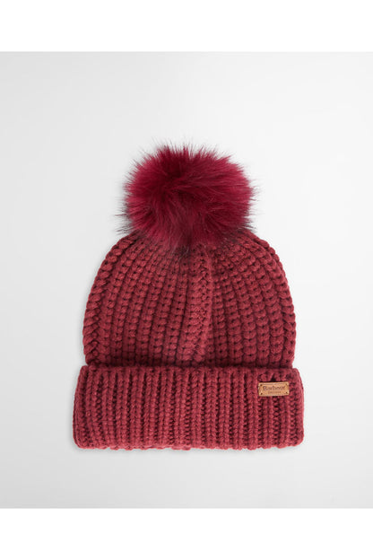 Barbour Saltburn Beanie & Scarf Gift Set Cranberry LGS0023 red pom pom beanie Shop Barbour at Dotique