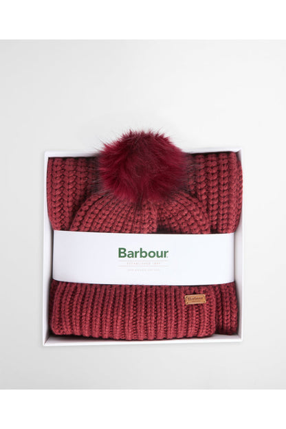 Barbour Saltburn Beanie & Scarf Gift Set Cranberry LGS0023 cranberry knit set Shop Barbour at Dotique