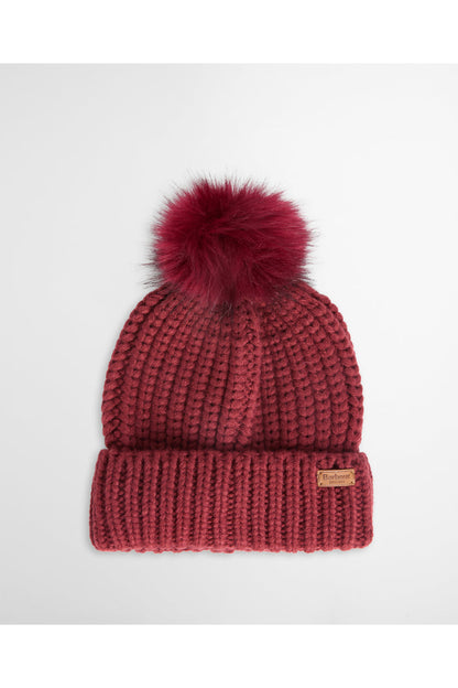 Barbour Saltburn Beanie & Scarf Gift Set Cranberry LGS0023 red pom pom beanie Shop Barbour at Dotique