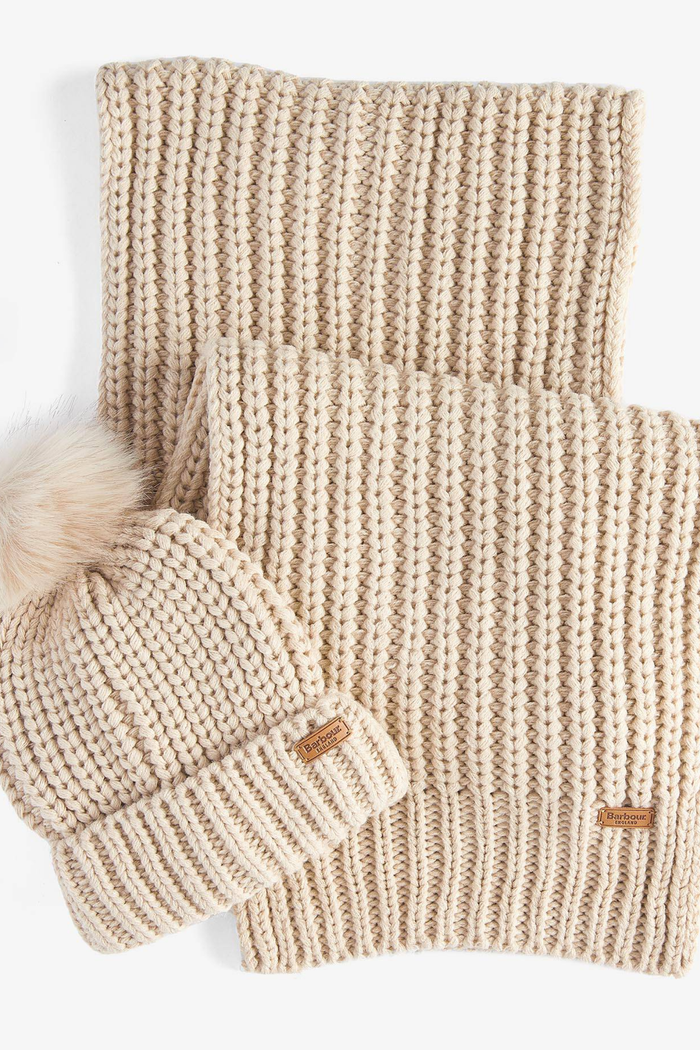 Barbour Saltburn Beanie & Scarf Gift Set Pearl LGS0023 pearl knit beanie and scarf Shop Barbour at Dotique