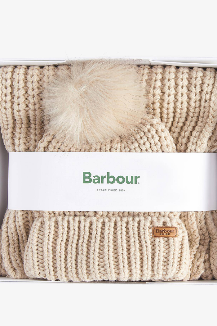 Barbour Saltburn Beanie & Scarf Gift Set Pearl LGS0023 pearl knit set with pom pom Shop Barbour at Dotique