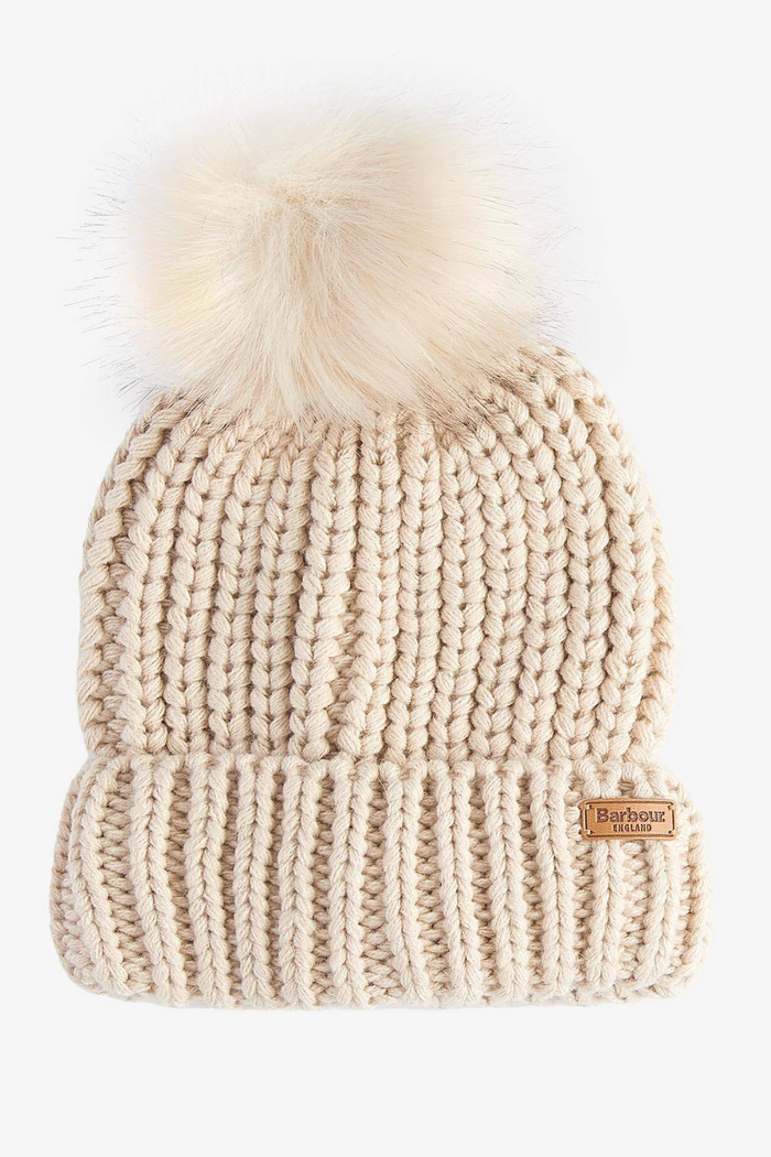 Barbour Saltburn Beanie & Scarf Gift Set Pearl LGS0023 cream pom pom beanie Shop Barbour at Dotique