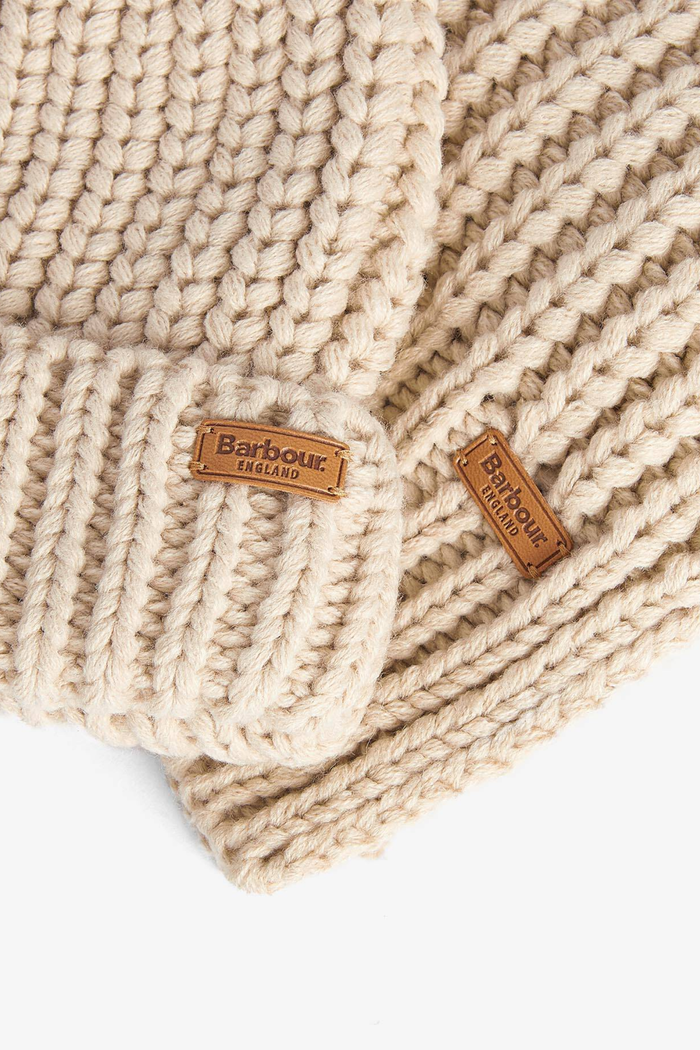 Barbour Saltburn Beanie & Scarf Gift Set Pearl LGS0023 pearl knit texture Shop Barbour at Dotique