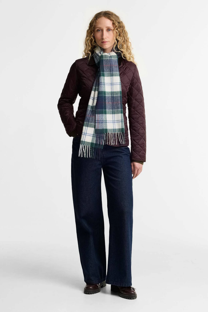 Barbour Tartan Scarf Lt Evergreen Tartan LSC0129 worn by model Shop Barbour at Dotique