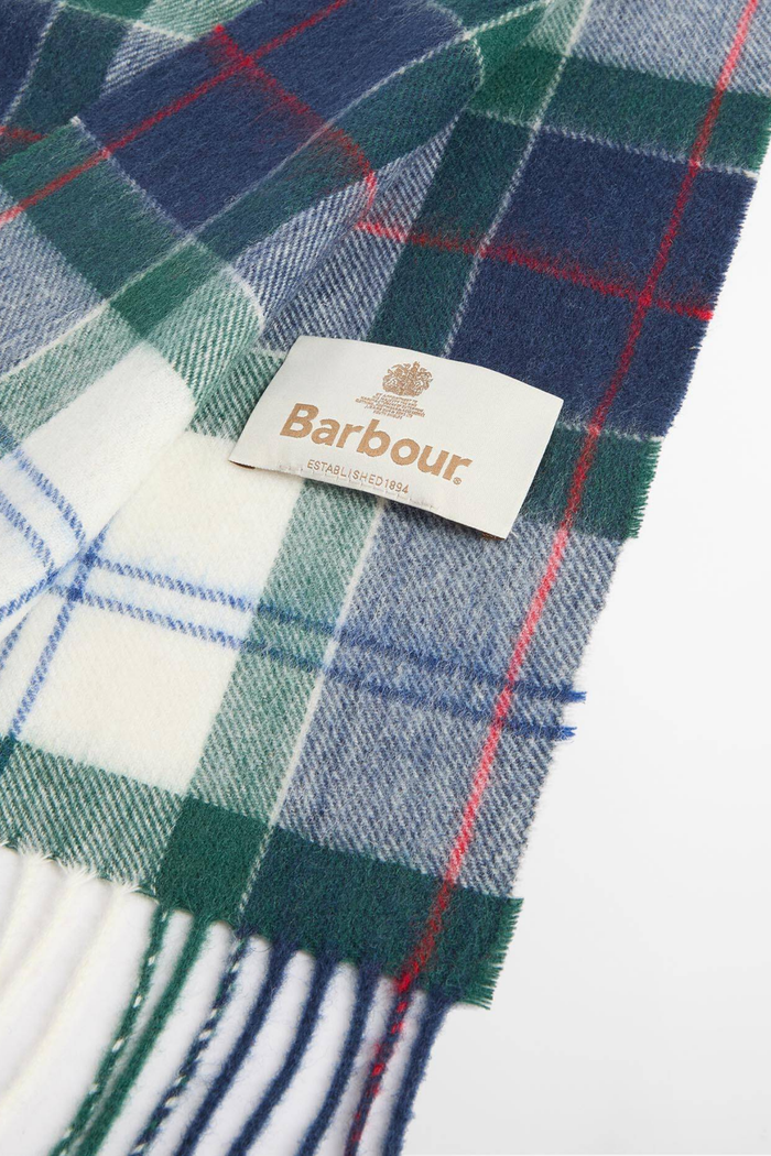 Barbour Tartan Scarf Lt Evergreen Tartan LSC0129 woven label and fringe detail Shop Barbour at Dotique