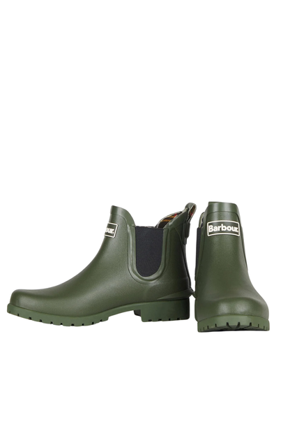 Barbour Wilton Chelsea Welly Olive LRF0066 green boots side and front view Shop Barbour at Dotique