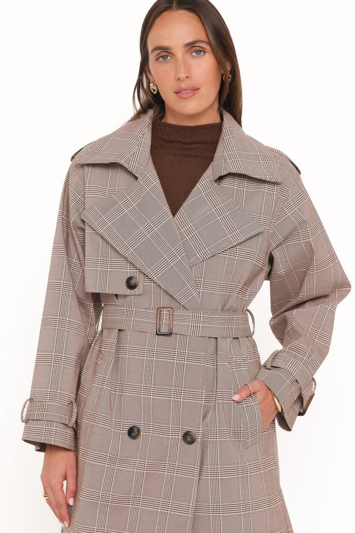 Petal and Pup USA OUTERWEAR Billy Button Front Trench Coat - Brown Plaid