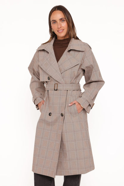 Petal and Pup USA OUTERWEAR Billy Button Front Trench Coat - Brown Plaid